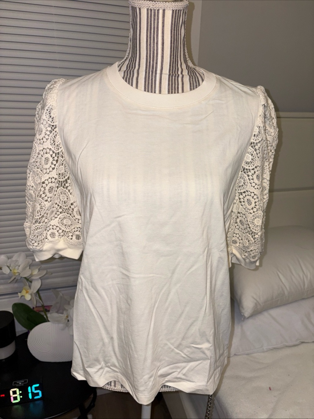 Frame Denim Ivory Lace Sleeve Short Sleeve Tee Top - Picture 4 of 12